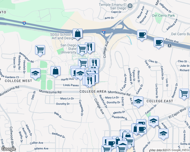 map of restaurants, bars, coffee shops, grocery stores, and more near 5193 College Avenue in San Diego