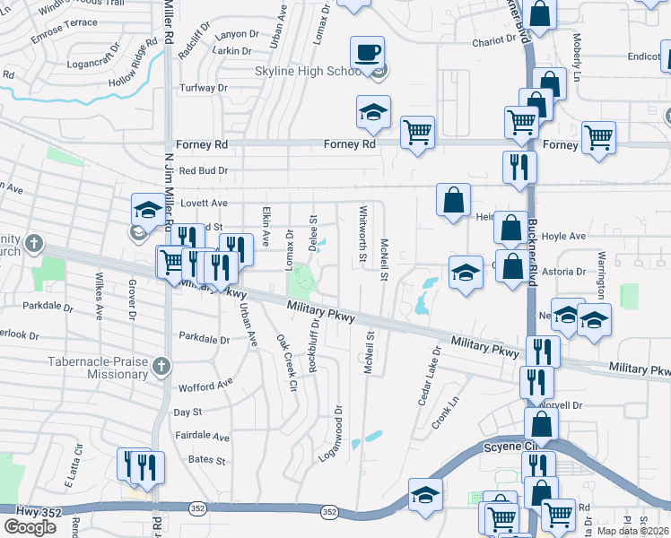 map of restaurants, bars, coffee shops, grocery stores, and more near 4114 Tolbert Street in Dallas