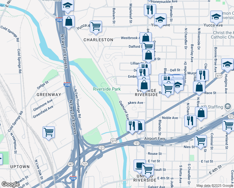 map of restaurants, bars, coffee shops, grocery stores, and more near 2101 Race Street in Fort Worth