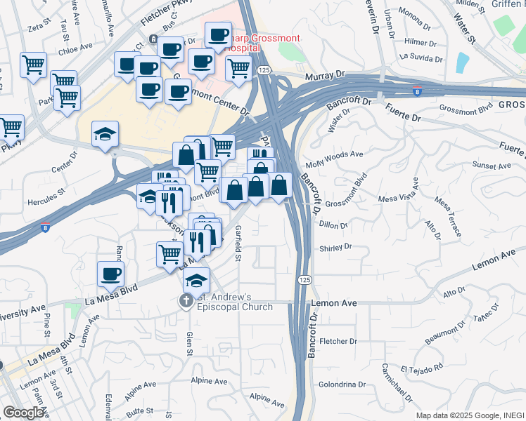 map of restaurants, bars, coffee shops, grocery stores, and more near 8937 Grossmont Boulevard in La Mesa