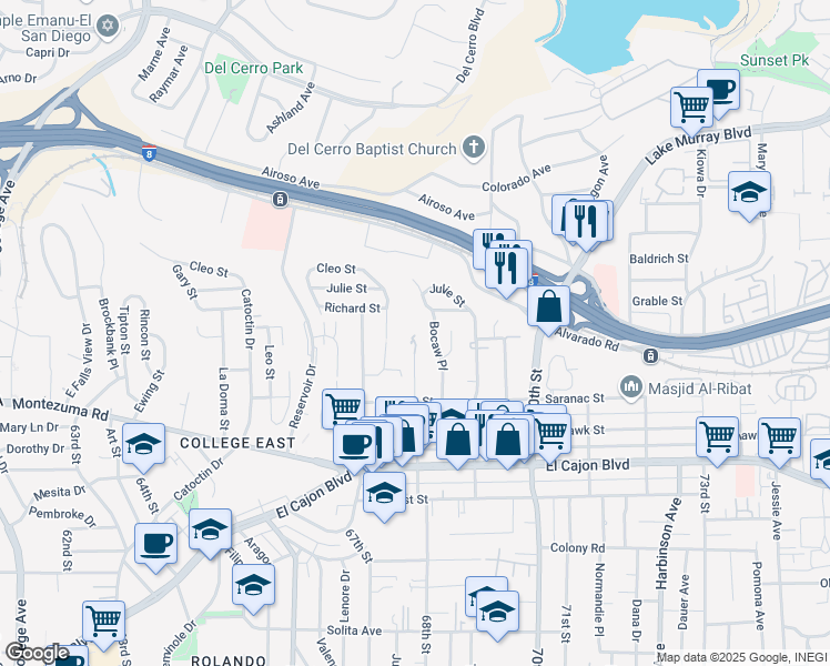 map of restaurants, bars, coffee shops, grocery stores, and more near 5204 Bocaw Place in San Diego