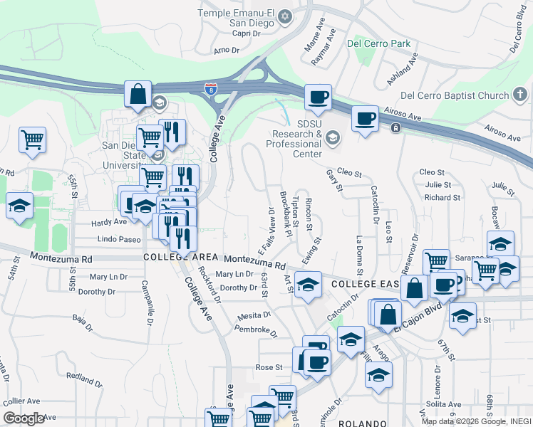 map of restaurants, bars, coffee shops, grocery stores, and more near 5236 East Falls View Drive in San Diego