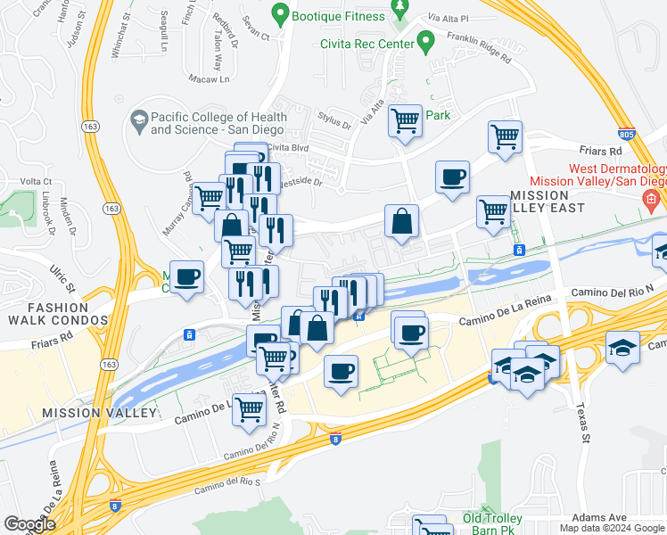 map of restaurants, bars, coffee shops, grocery stores, and more near 7960 Mission Center Court in San Diego