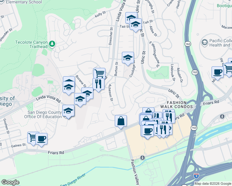 map of restaurants, bars, coffee shops, grocery stores, and more near 1549 Burton Street in San Diego