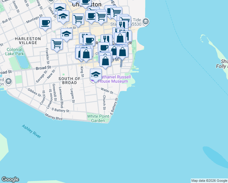 map of restaurants, bars, coffee shops, grocery stores, and more near 45 East Bay Street in Charleston