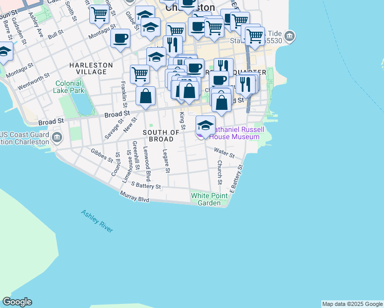 map of restaurants, bars, coffee shops, grocery stores, and more near 15 Price's Alley in Charleston