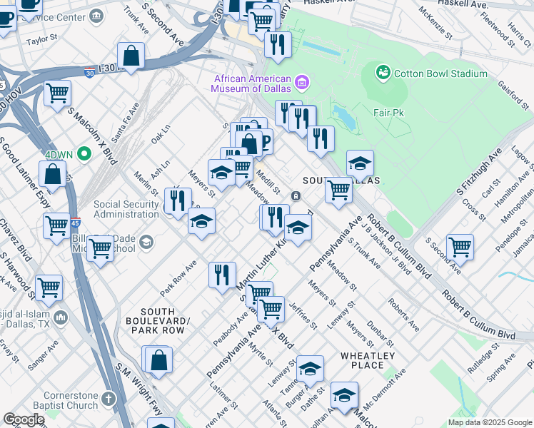 map of restaurants, bars, coffee shops, grocery stores, and more near 2820 Meadow Street in Dallas