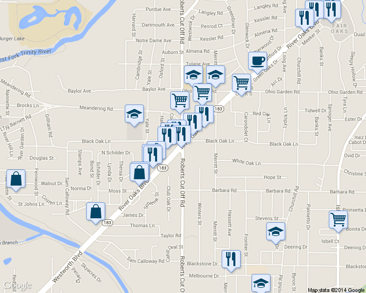map of restaurants, bars, coffee shops, grocery stores, and more near River Oaks Blvd & Roberts Cut Off Rd in River Oaks