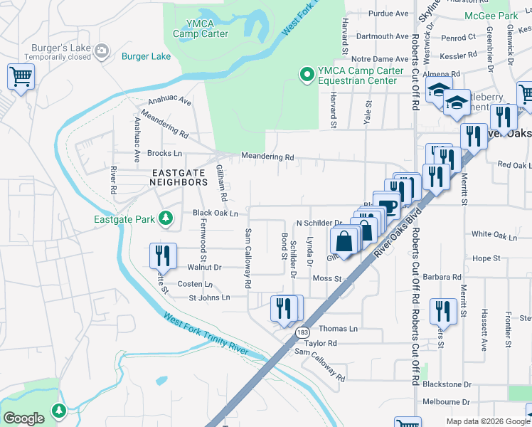 map of restaurants, bars, coffee shops, grocery stores, and more near 5813 Black Oak Lane in River Oaks