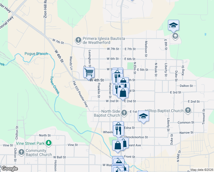 map of restaurants, bars, coffee shops, grocery stores, and more near 207 West 4th Street in Weatherford