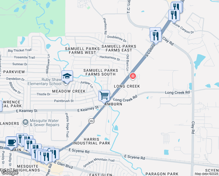 map of restaurants, bars, coffee shops, grocery stores, and more near 701 Highway 352 in Mesquite