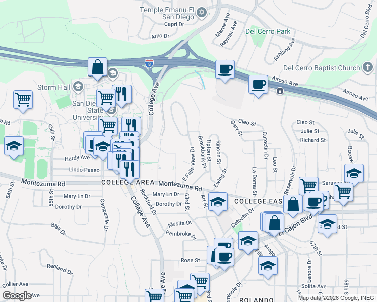 map of restaurants, bars, coffee shops, grocery stores, and more near 5236 East Falls View Drive in San Diego
