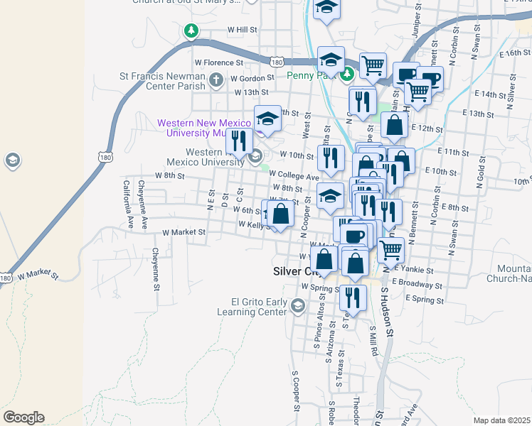 map of restaurants, bars, coffee shops, grocery stores, and more near North A Street in Silver City