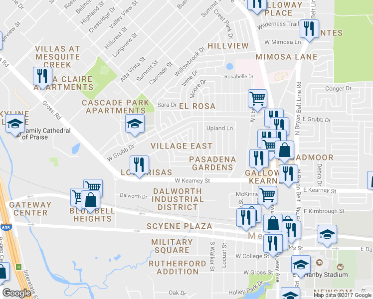 map of restaurants, bars, coffee shops, grocery stores, and more near 815 Binbrook Drive in Mesquite