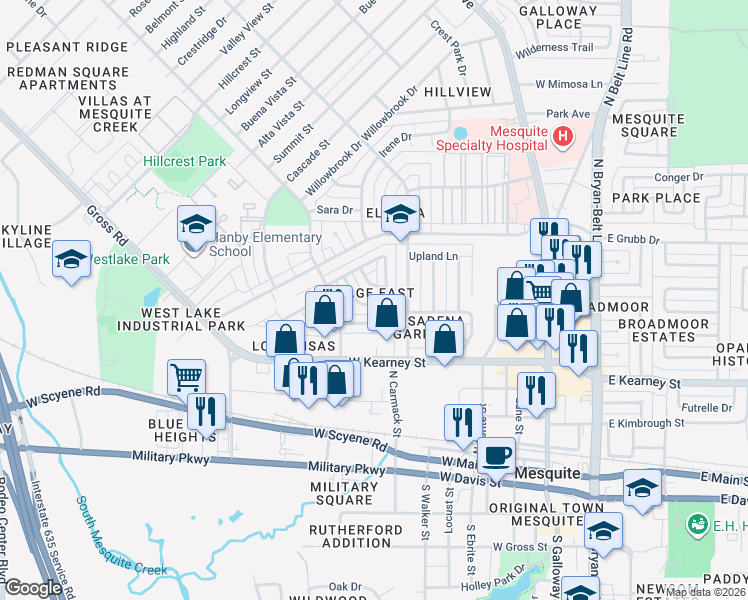 map of restaurants, bars, coffee shops, grocery stores, and more near 815 Binbrook Drive in Mesquite