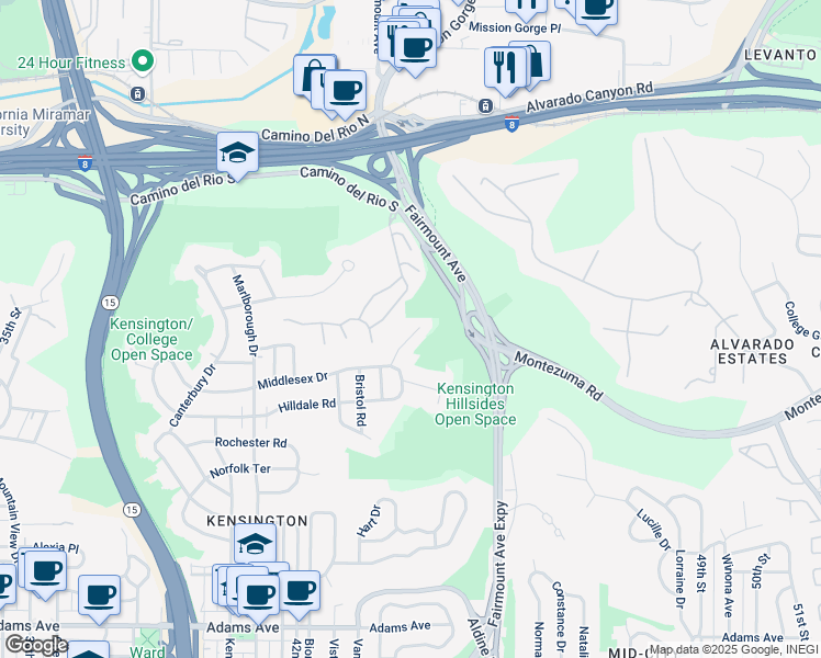 map of restaurants, bars, coffee shops, grocery stores, and more near 4374 Middlesex Drive in San Diego