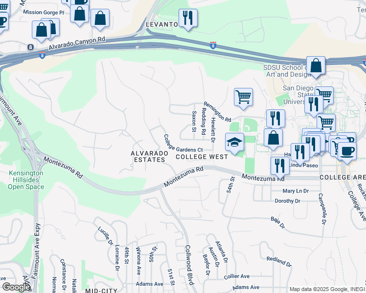 map of restaurants, bars, coffee shops, grocery stores, and more near 5152 College Gardens Court in San Diego