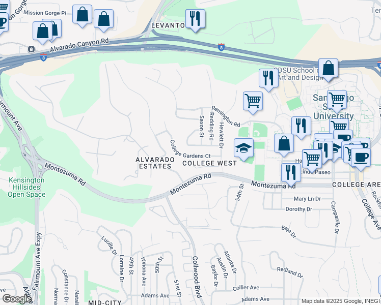 map of restaurants, bars, coffee shops, grocery stores, and more near 5152 College Gardens Court in San Diego