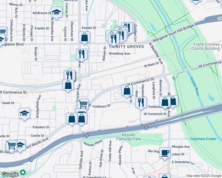 map of restaurants, bars, coffee shops, grocery stores, and more near 466 West Commerce Street in Dallas