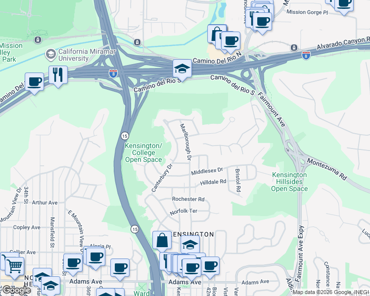 map of restaurants, bars, coffee shops, grocery stores, and more near 5273 Marlborough Drive in San Diego