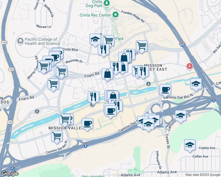 map of restaurants, bars, coffee shops, grocery stores, and more near 2182 Gill Village Way in San Diego