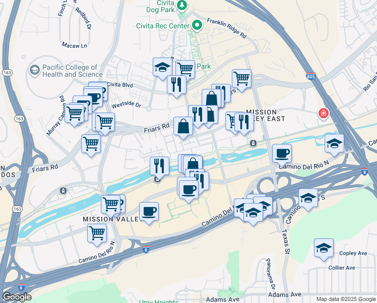 map of restaurants, bars, coffee shops, grocery stores, and more near 8233 Station Village Lane in San Diego