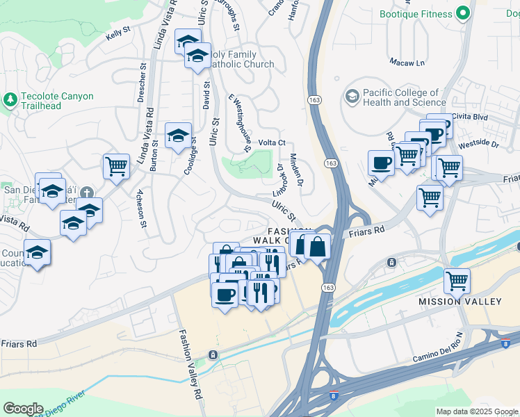 map of restaurants, bars, coffee shops, grocery stores, and more near 7223 Camino Degrazia in San Diego
