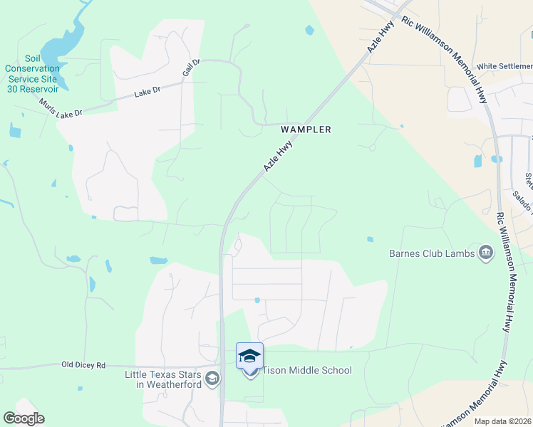 map of restaurants, bars, coffee shops, grocery stores, and more near 557 Waterford Park Boulevard in Weatherford