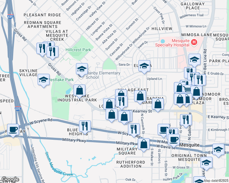 map of restaurants, bars, coffee shops, grocery stores, and more near 711 Matador Lane in Mesquite