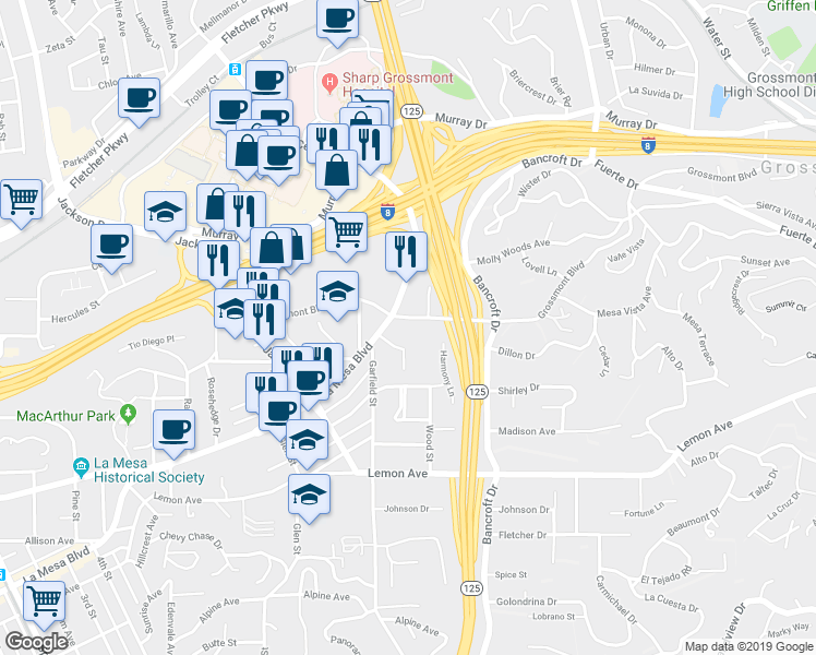 map of restaurants, bars, coffee shops, grocery stores, and more near 8937 Grossmont Boulevard in La Mesa