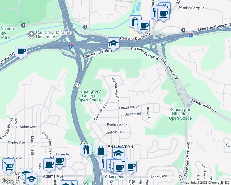 map of restaurants, bars, coffee shops, grocery stores, and more near 5273 Marlborough Drive in San Diego