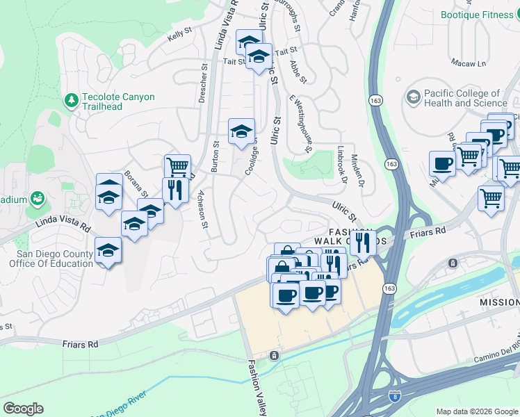 map of restaurants, bars, coffee shops, grocery stores, and more near 6992 Glidden Street in San Diego