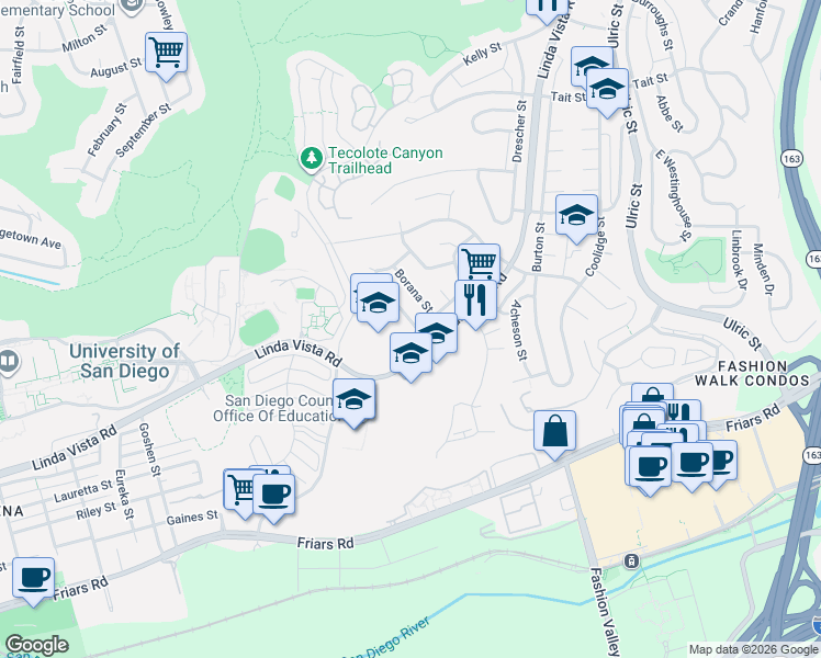 map of restaurants, bars, coffee shops, grocery stores, and more near 6548 Alcala Knolls Drive in San Diego