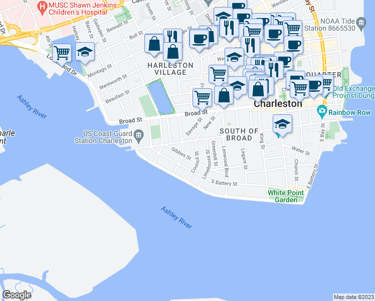 map of restaurants, bars, coffee shops, grocery stores, and more near 175 Tradd Street in Charleston