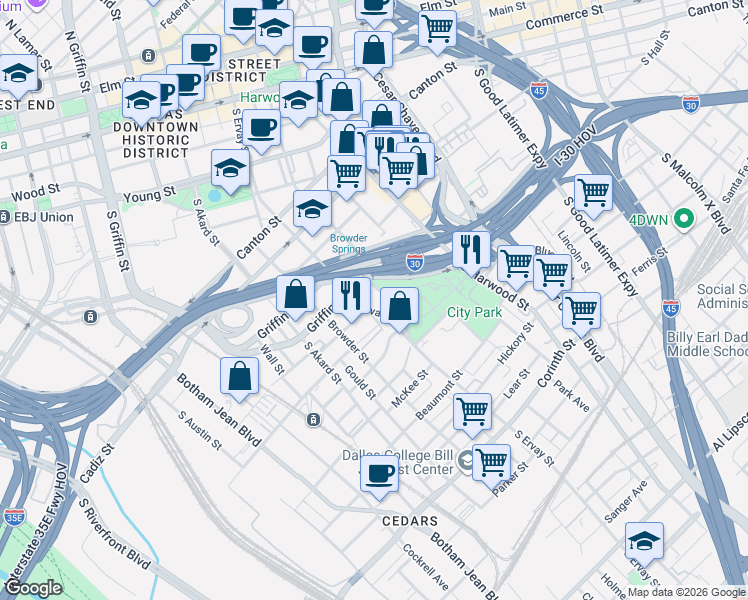 map of restaurants, bars, coffee shops, grocery stores, and more near South Saint Paul Street in Dallas