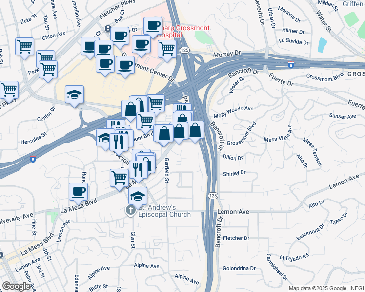 map of restaurants, bars, coffee shops, grocery stores, and more near 8969 Grossmont Boulevard in La Mesa