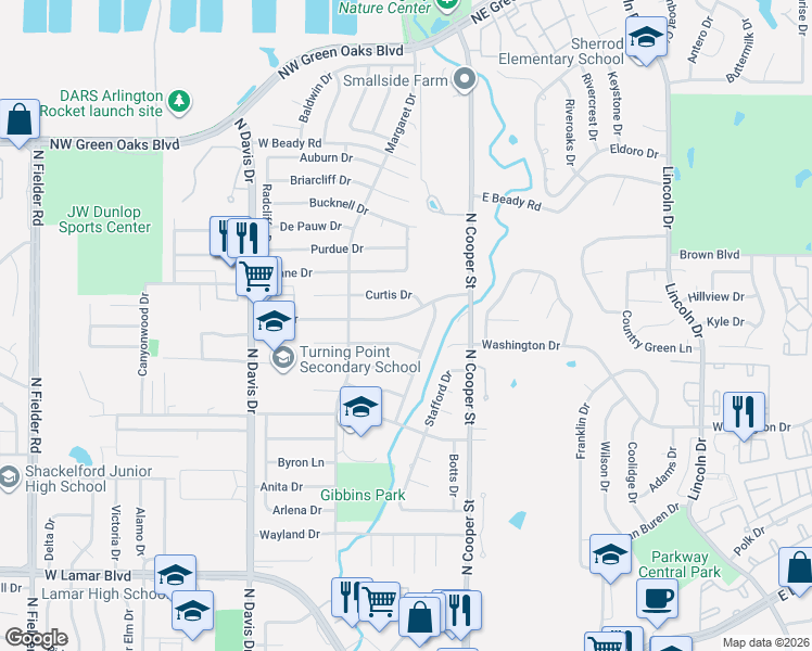 map of restaurants, bars, coffee shops, grocery stores, and more near 907 Bert Drive in Arlington