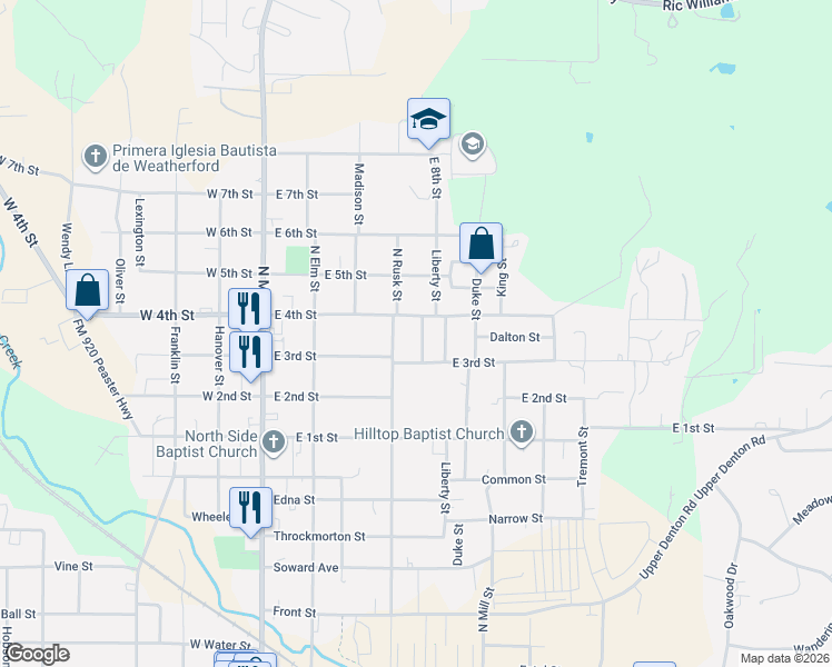 map of restaurants, bars, coffee shops, grocery stores, and more near 1214 Grace Street in Weatherford