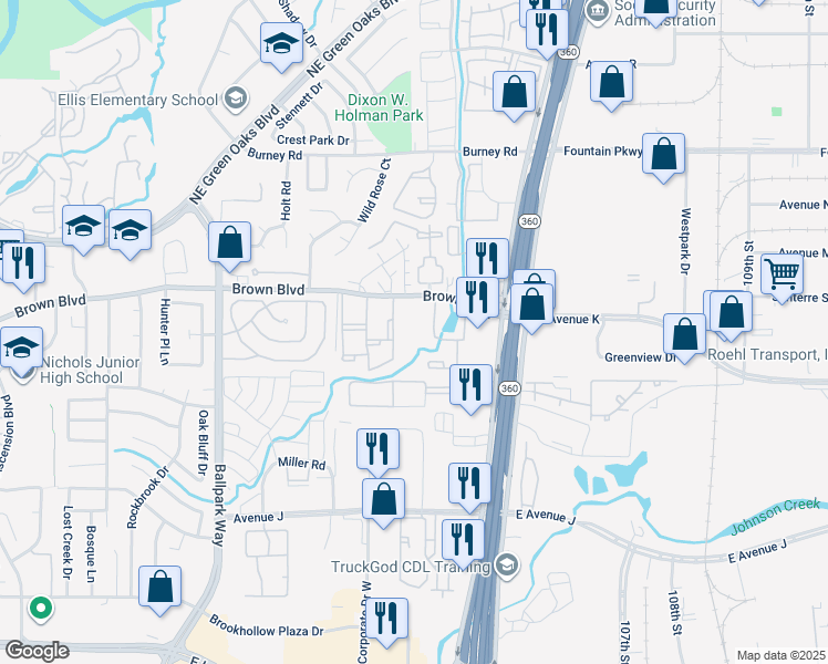 map of restaurants, bars, coffee shops, grocery stores, and more near 2408 Forest Oaks Lane in Arlington