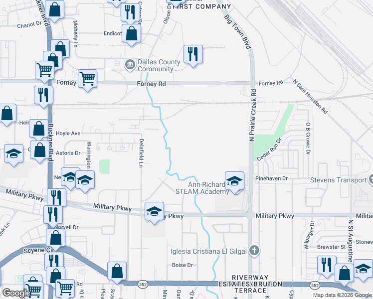 map of restaurants, bars, coffee shops, grocery stores, and more near 4000 South Buckner Boulevard in Dallas