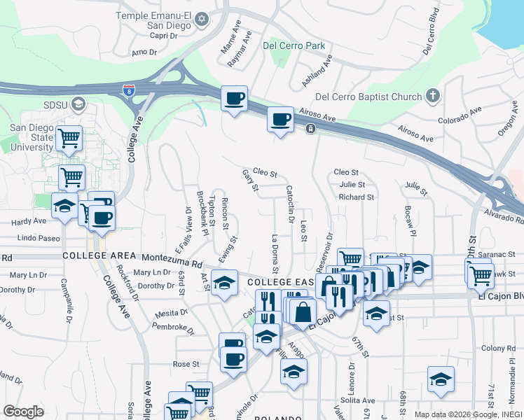 map of restaurants, bars, coffee shops, grocery stores, and more near 6407 Richard Street in San Diego