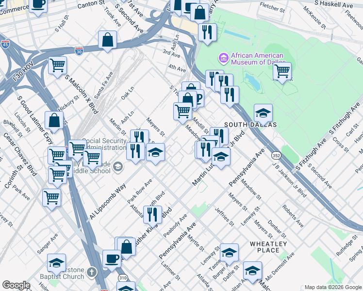map of restaurants, bars, coffee shops, grocery stores, and more near 3017 Park Row Avenue in Dallas