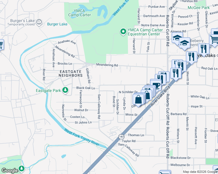 map of restaurants, bars, coffee shops, grocery stores, and more near 5813 Black Oak Lane in River Oaks