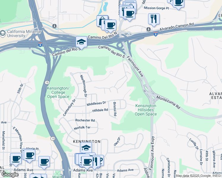 map of restaurants, bars, coffee shops, grocery stores, and more near 4269 Caminito Pintoresco in San Diego