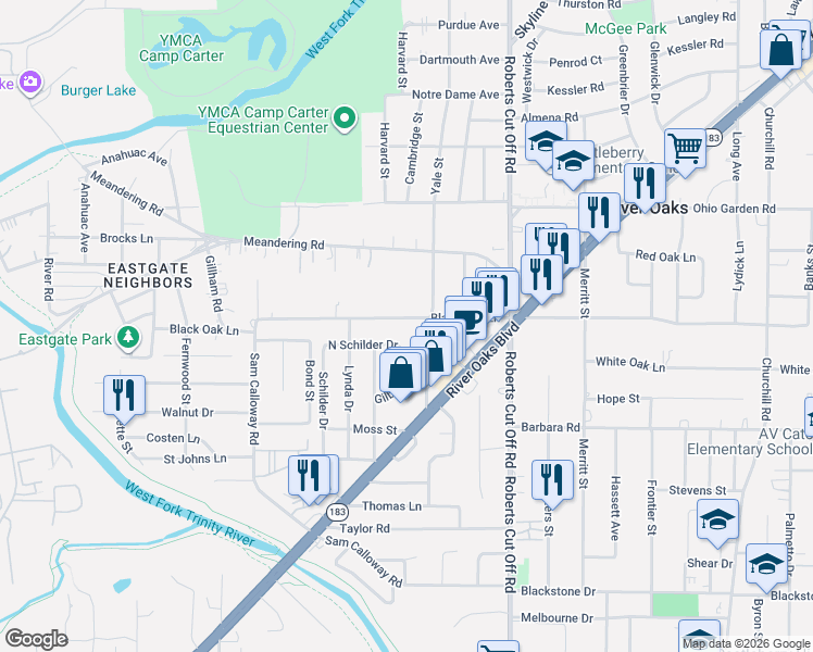 map of restaurants, bars, coffee shops, grocery stores, and more near 5509 Black Oak Lane in River Oaks