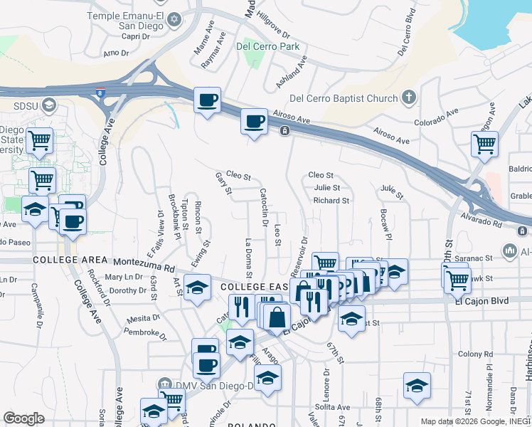 map of restaurants, bars, coffee shops, grocery stores, and more near Catoctin Dr & Roxy Ln in San Diego