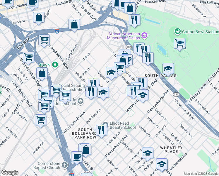 map of restaurants, bars, coffee shops, grocery stores, and more near 16 Al Lipscomb Way in Dallas