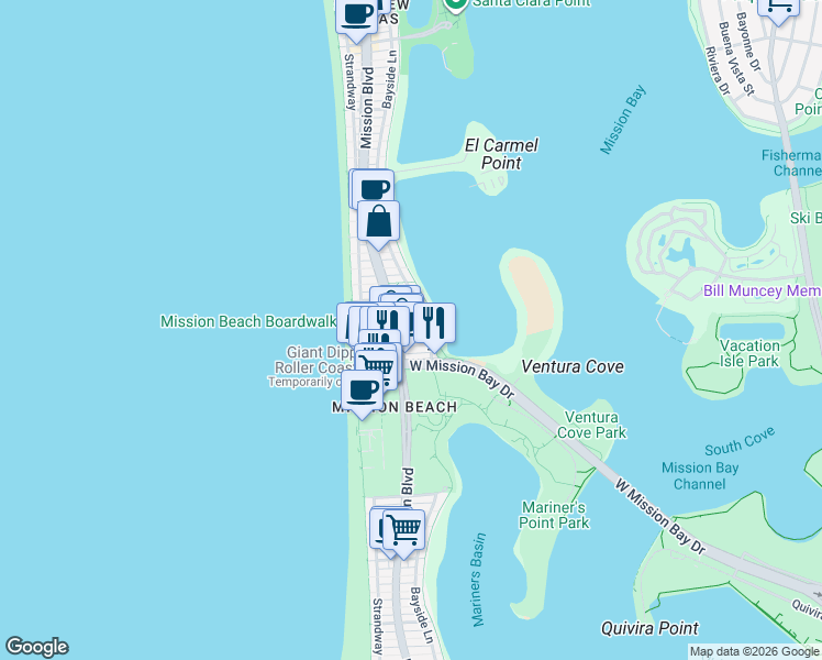 map of restaurants, bars, coffee shops, grocery stores, and more near 820 Isthmus Court in San Diego