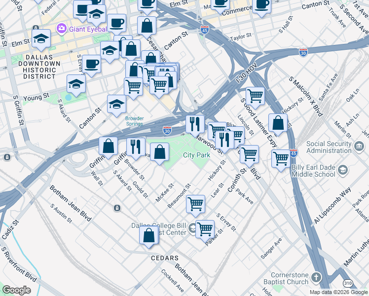 map of restaurants, bars, coffee shops, grocery stores, and more near 1900 Elm Street in Dallas