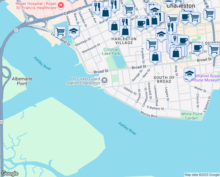 map of restaurants, bars, coffee shops, grocery stores, and more near 194 Tradd Street in Charleston